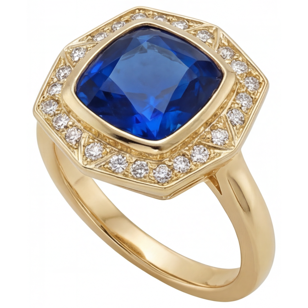 Coussin Saphir Bleu Royal bague en Or Jaune 14 Carats – vue de côté