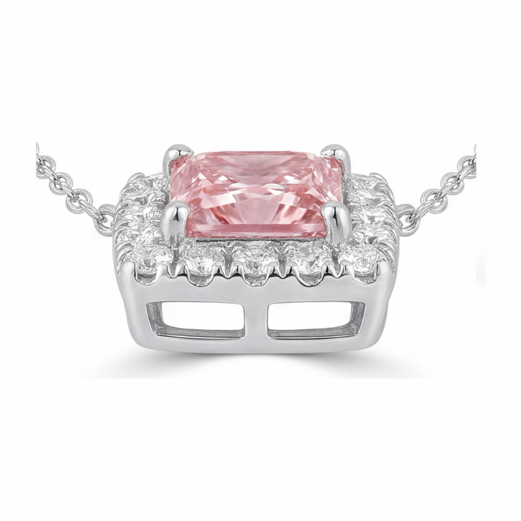 Collier Pendentif Diamant Rose de Laboratoire 4,5 Carats Taille Radiant Halo Pavé en Or Blanc 14 Carats