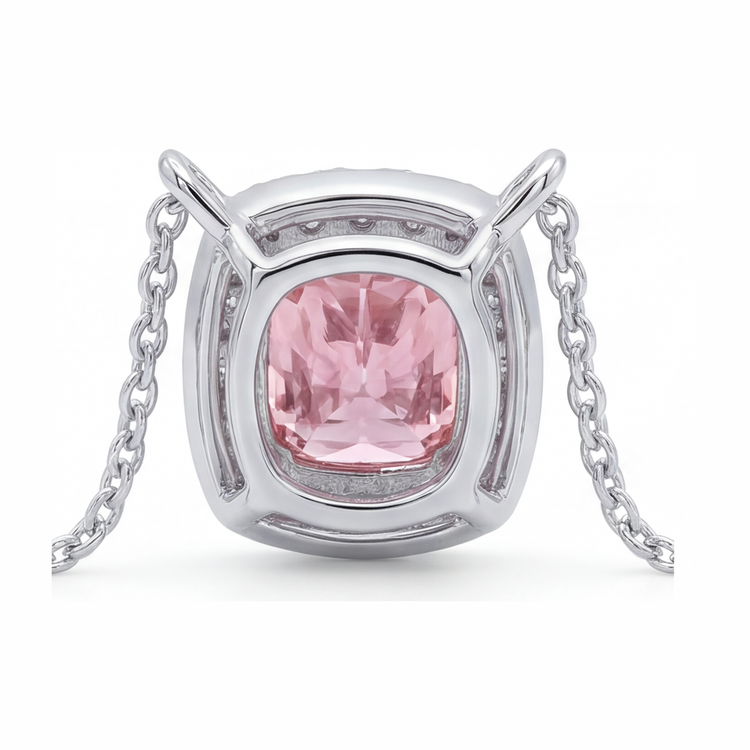 Collier Pendentif Halo Coussin en Diamant Rose de Laboratoire 3,75 Carats en Or Blanc 14 Carats