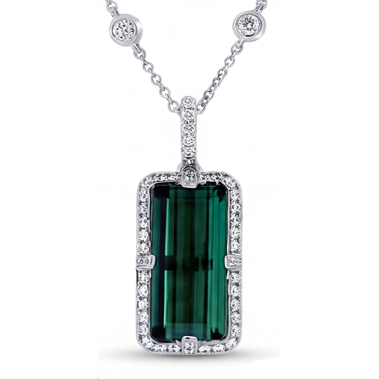 Tourmaline Fine Taille Émeraude Pendentif Gemme en Or Blanc 14 Carats – vue principale