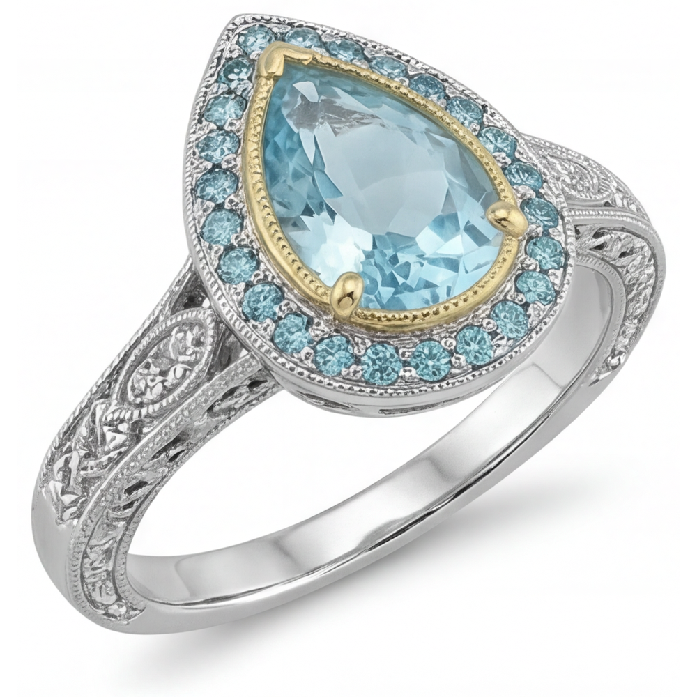 Tourmaline Paraiba Goutte Bague de Fiançailles Halo en Or Deux Tons 14 Carats – vue de côté