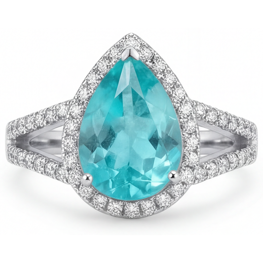 Tourmaline Paraiba Bague de Fiançailles Halo 2,75-carats Or Blanc 14 Carats – vue de face