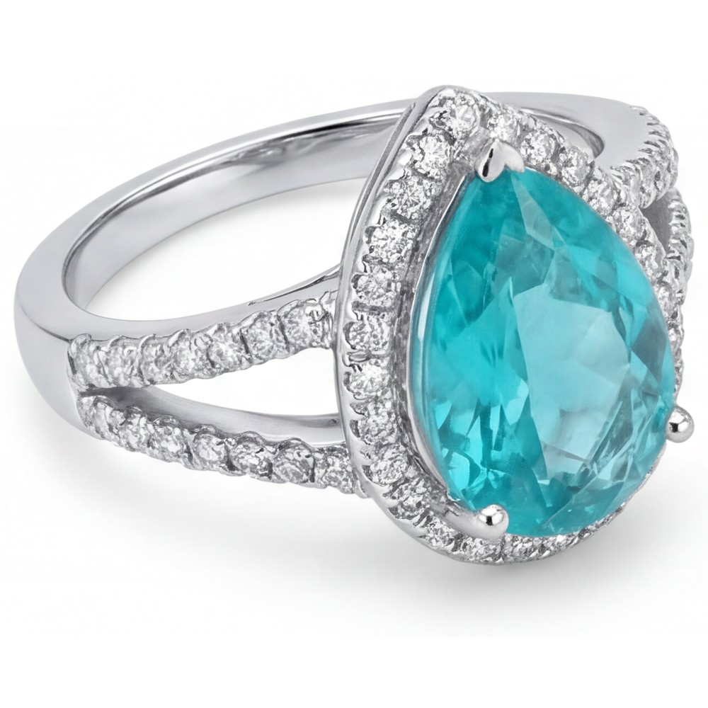 Bague de Fiançailles Halo Or Blanc 14 Carats avec Tourmaline Paraiba – vue d'angle