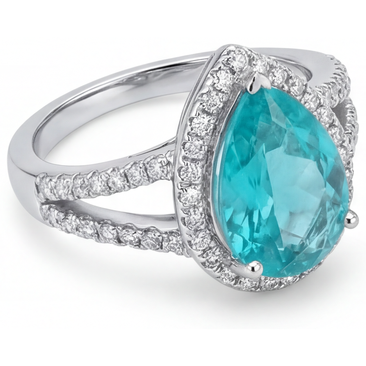 Bague de Fiançailles Halo Or Blanc 14 Carats avec Tourmaline Paraiba – vue d'angle