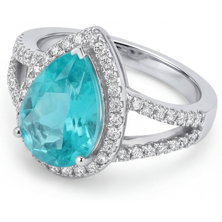 Tourmaline Paraiba Taille Poire Bague de Fiançailles Halo en Or Blanc 14 Carats – vue de profil