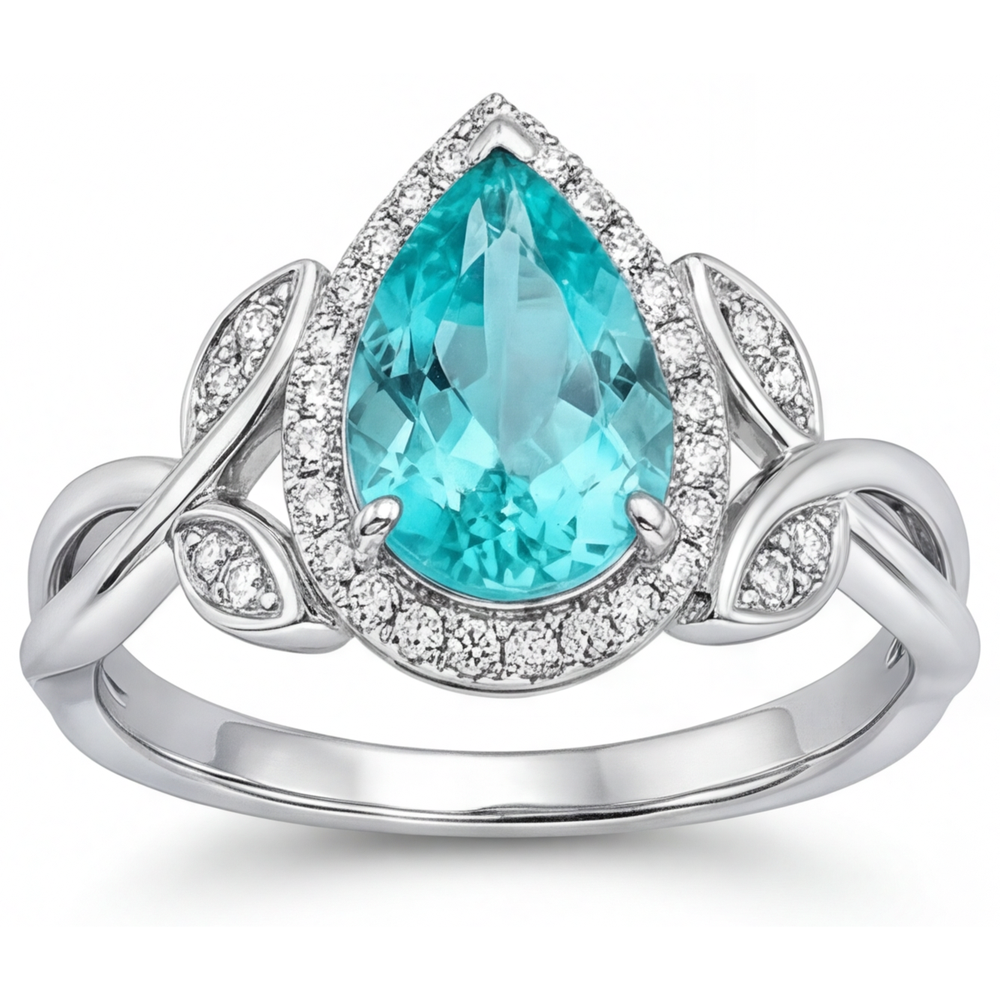 Tourmaline Paraiba Bague de Fiançailles Halo 3,25 carats Or Blanc 14 Carats – vue de face