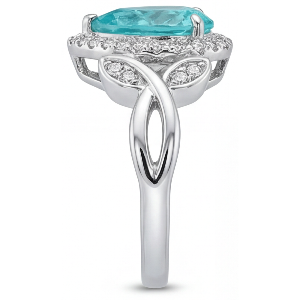 Tourmaline Paraiba Goutte Bague de Fiançailles Halo en Or Blanc 14 Carats – vue de profil
