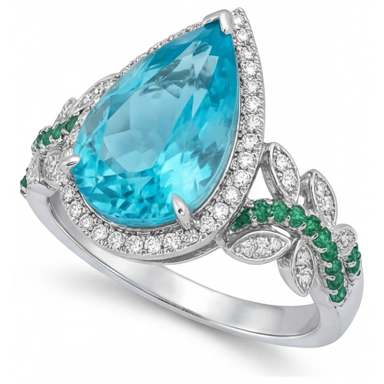 Tourmaline Paraiba Bague de Fiançailles Halo 5,75-carats Or Blanc 14 Carats – vue de côté
