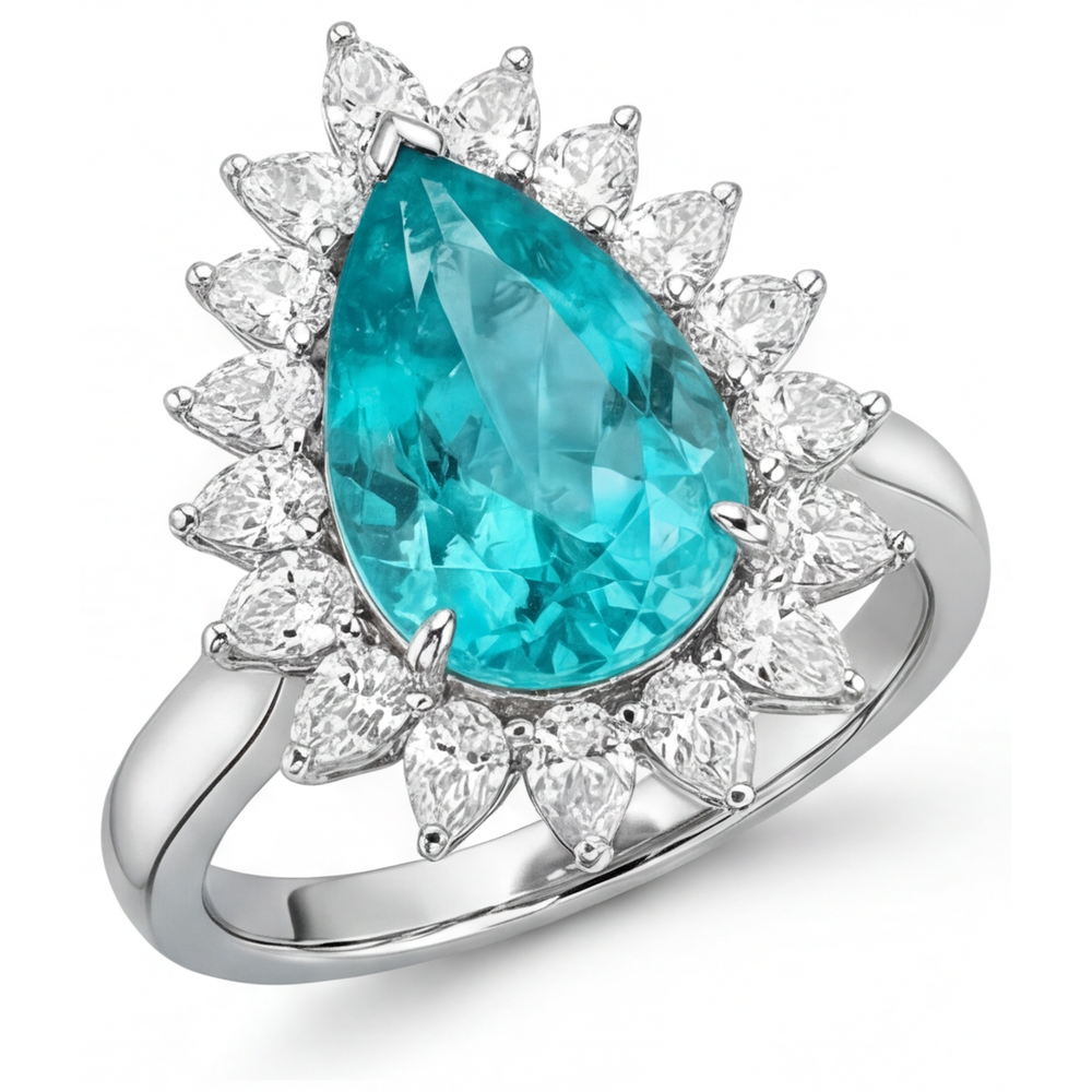 Tourmaline Paraiba Goutte Bague de Fiançailles Halo en Or Blanc 14 Carats – vue d'angle