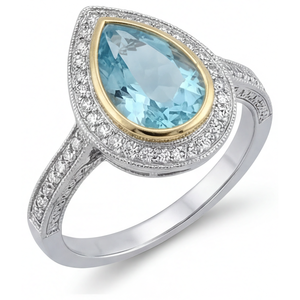 Tourmaline Paraiba Bague Halo 1,75 carats Or Deux Tons 14 Carats – vue de côté