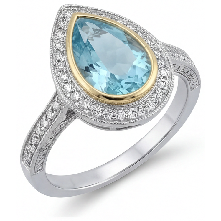 Tourmaline Paraiba Bague Halo 1,75 carats Or Deux Tons 14 Carats – vue de côté