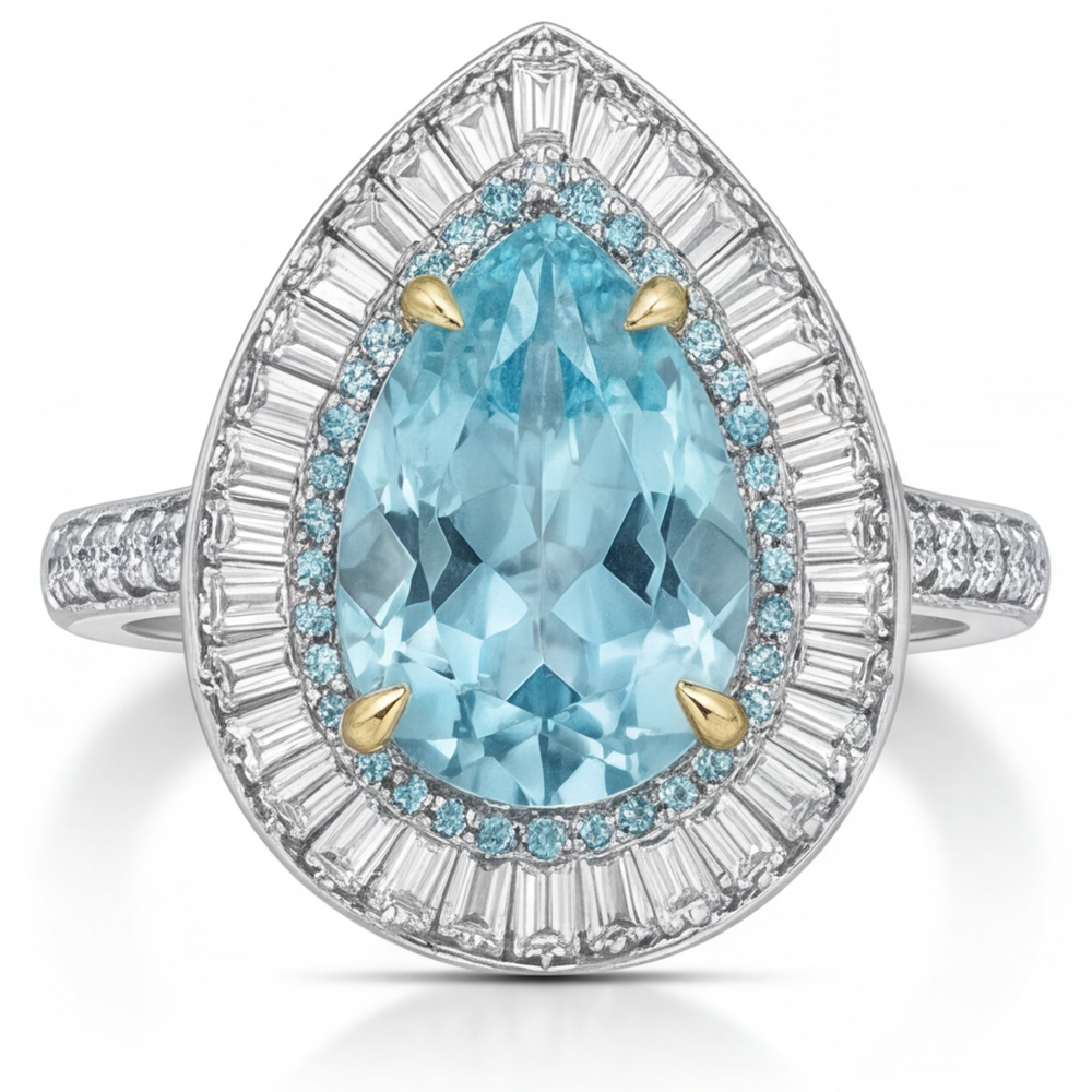 Tourmaline Paraiba Taille Poire Bague Halo en Or Bicolore 14 Carats – vue principale