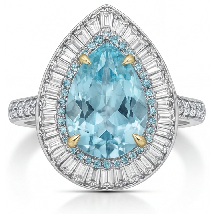 Tourmaline Paraiba Taille Poire Bague Halo en Or Bicolore 14 Carats – vue principale