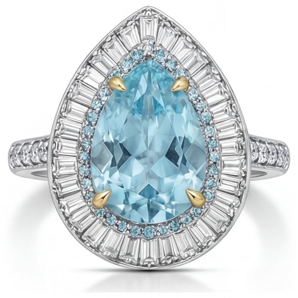 Tourmaline Paraiba Taille Poire Bague Halo en Or Bicolore 14 Carats – vue de face