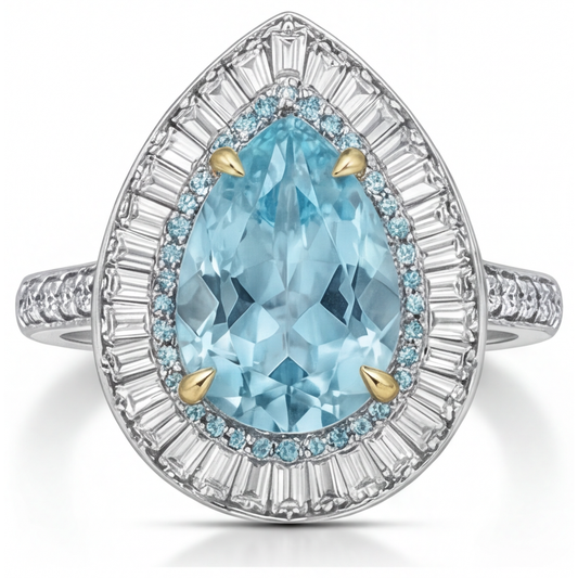 Tourmaline Paraiba Taille Poire Bague Halo en Or Bicolore 14 Carats – vue de face