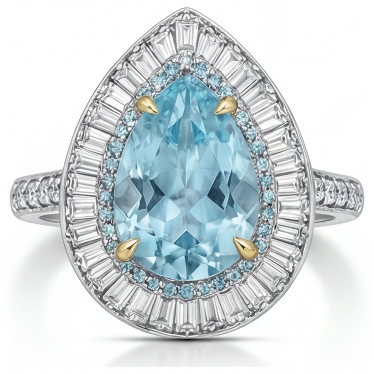 Tourmaline Paraiba Taille Poire Bague Halo en Or Bicolore 14 Carats – vue de face
