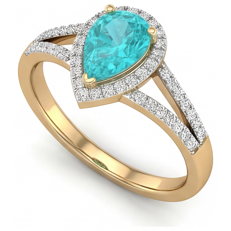 Tourmaline Paraiba Taille Poire Bague Sertie Halo en Or Deux Tons 14 Carats – vue d'angle