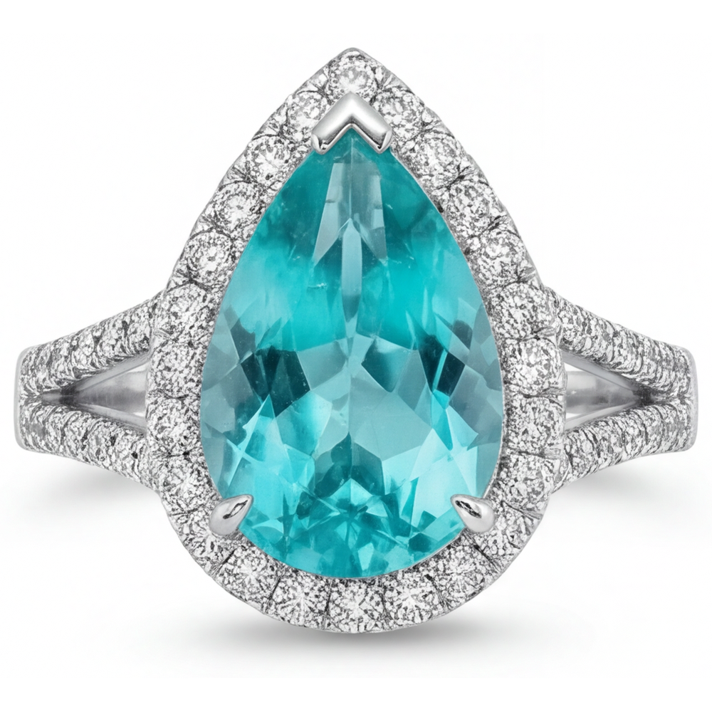 Tourmaline Paraiba Goutte Bague Sertie Halo en Or 14K Blanc – vue de face