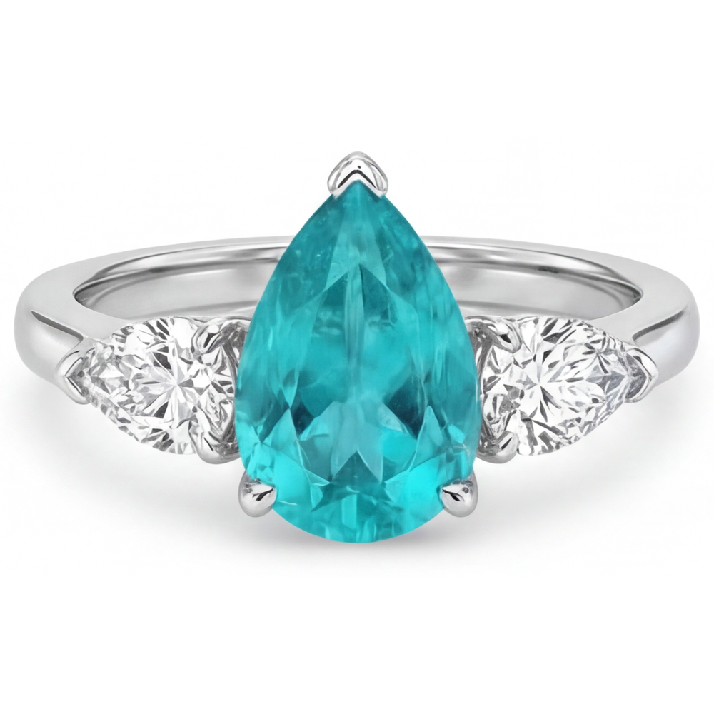 Tourmaline Paraiba Taille Poire Bague Trois Pierres en Or Blanc 14 Carats – vue d'angle