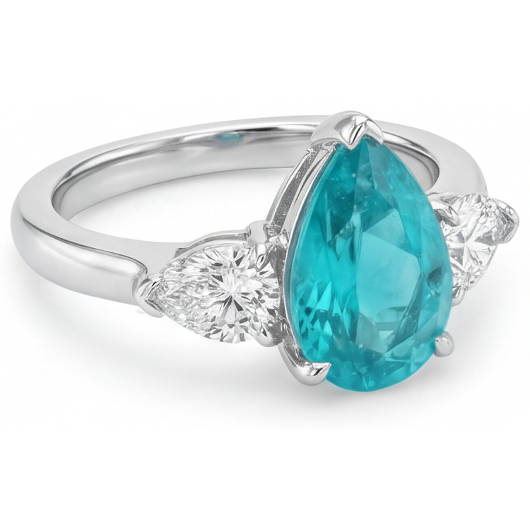 Tourmaline Paraiba Taille Poire Bague Trois Pierres en Or Blanc 14 Carats – vue de profil