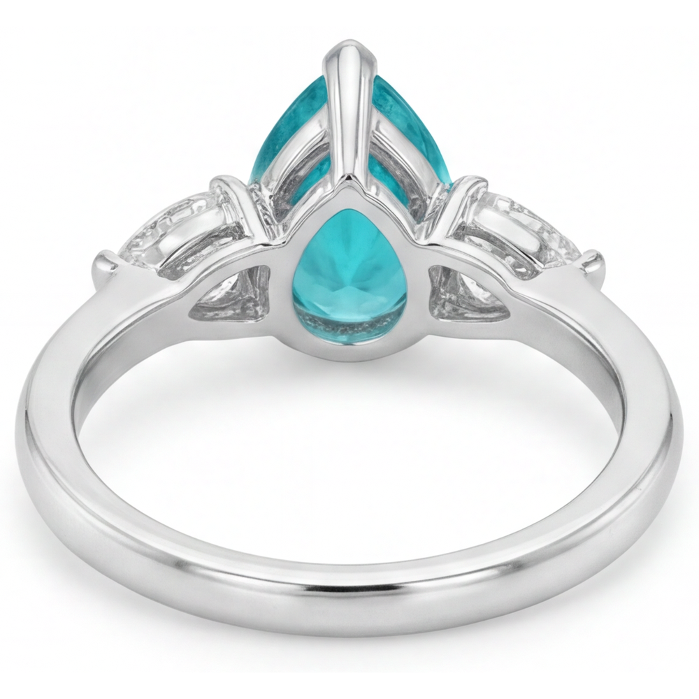 Tourmaline Paraiba Taille Poire Bague Trois Pierres en Or Blanc 14 Carats – vue de dessus