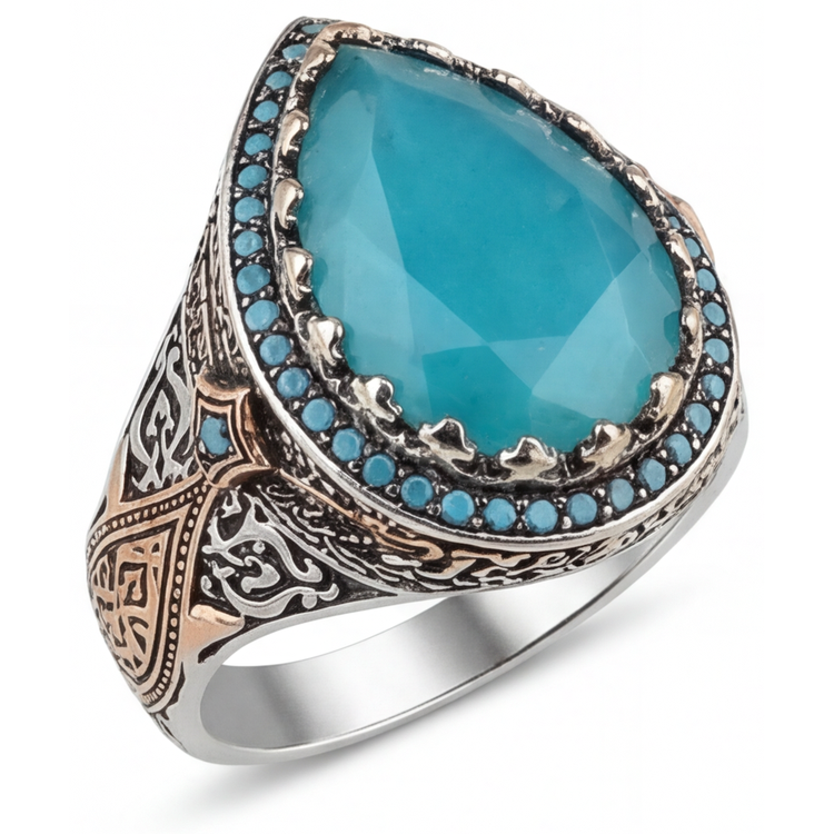 Artisanal Turquoise Bague Sertie Halo 8,5 carats – vue principale