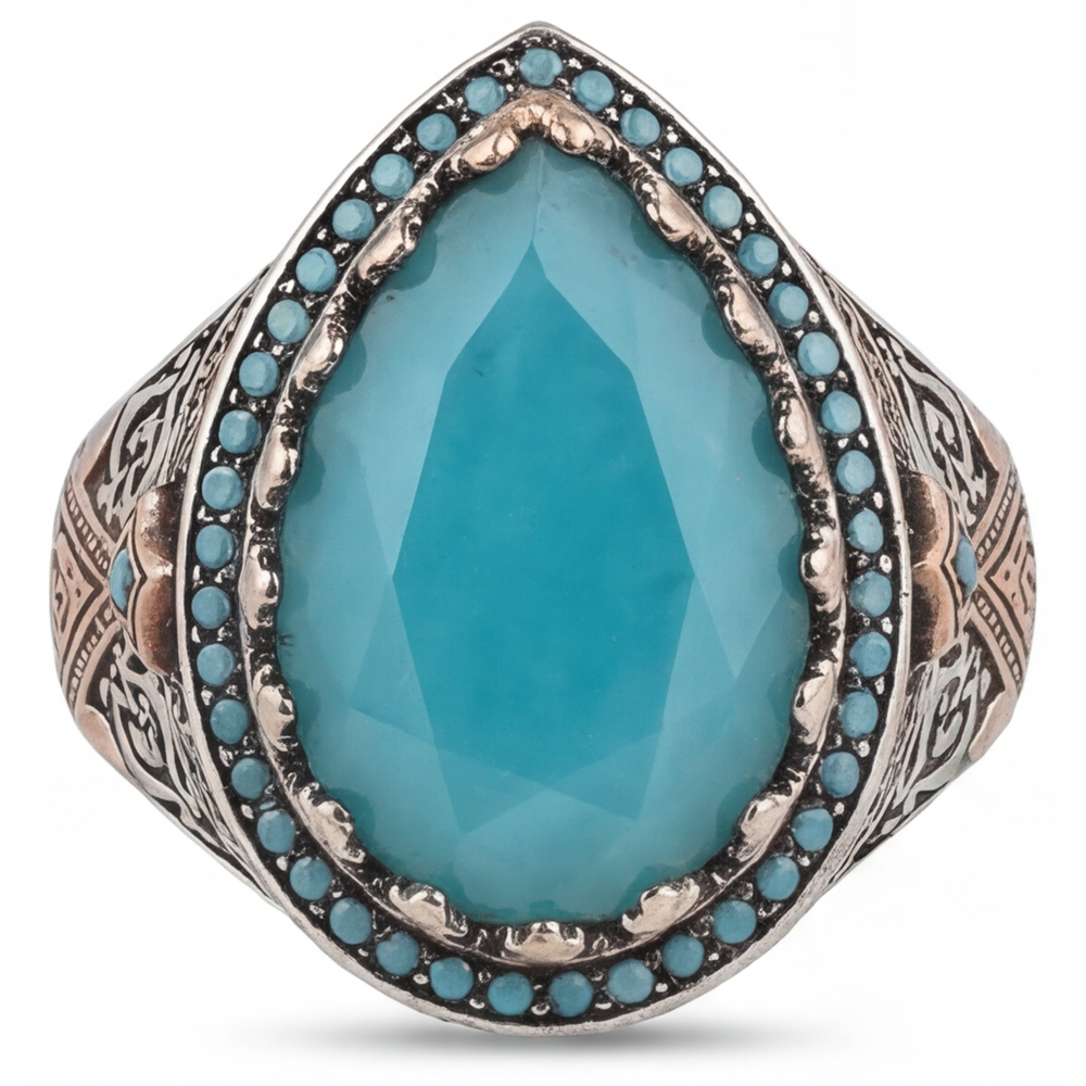 Turquoise Bague Sertie Halo 8,5 carats Or 14K Bicolore – vue de face