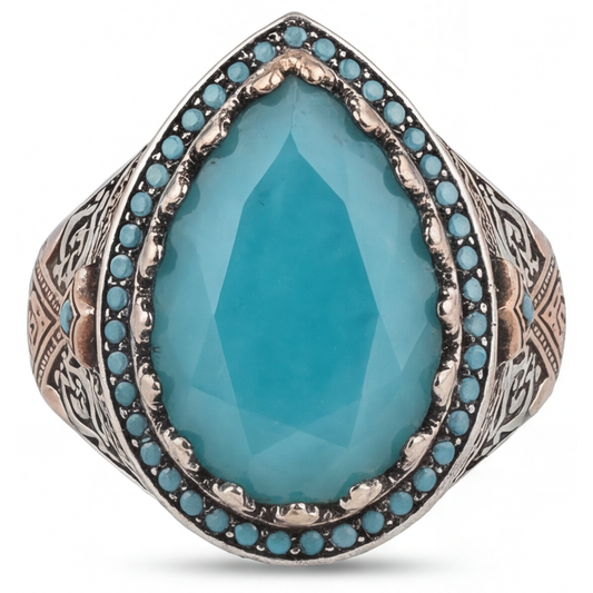 Turquoise Bague Sertie Halo 8,5 carats Or 14K Bicolore – vue de face