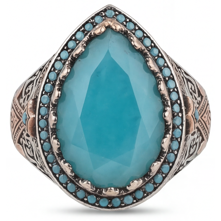 Turquoise Bague Sertie Halo 8,5 carats Or 14K Bicolore – vue de face