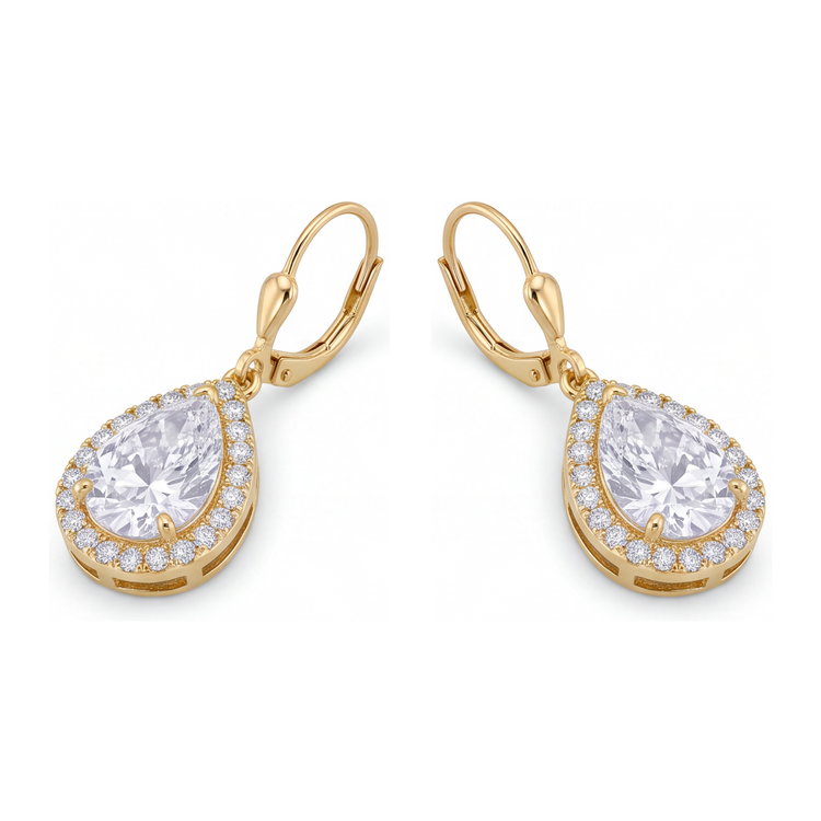Boucles d'oreilles pendantes dormeuses en Or Jaune 14 carats avec diamant blanc de laboratoire 3,5 carats et halo poire