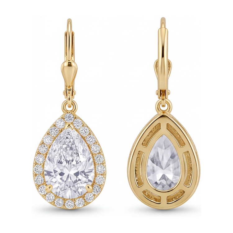 Boucles d'oreilles pendantes dormeuses avec Halo poire en diamant blanc de laboratoire 3,5 carats en Or Jaune 14 carats