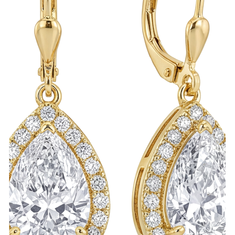 Boucles d'oreilles pendantes dormeuses en Or Jaune 14 carats avec diamant blanc de laboratoire 3,5 carats et halo poire