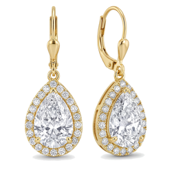 Boucles d'oreilles pendantes dormeuses avec Halo poire en diamant blanc de laboratoire 3,5 carats en Or Jaune 14 carats