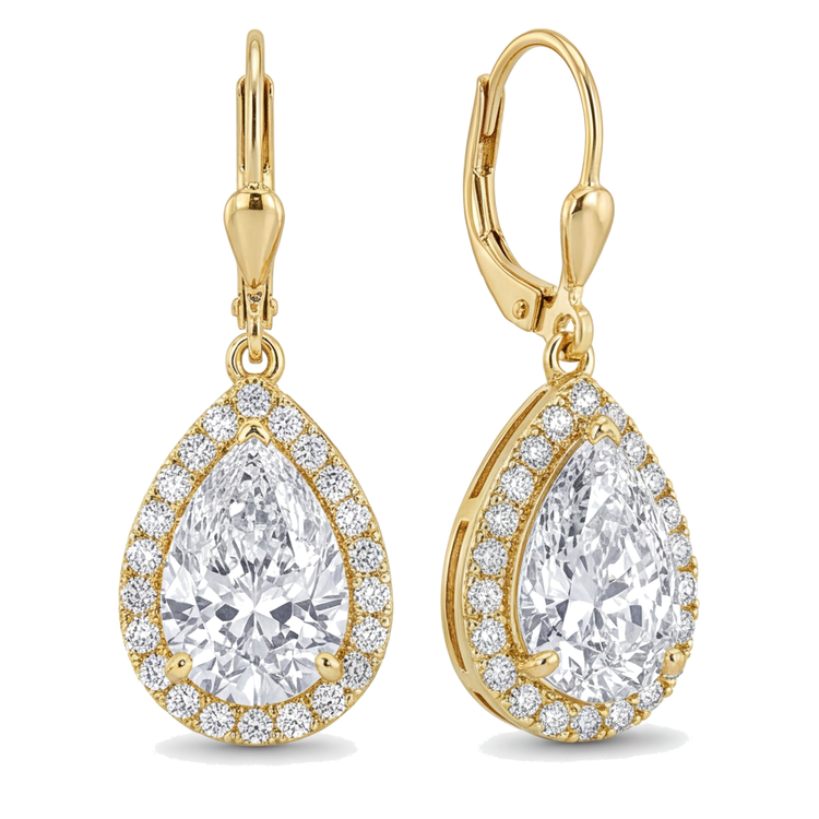 Boucles d'oreilles pendantes dormeuses avec Halo poire en diamant blanc de laboratoire 3,5 carats en Or Jaune 14 carats