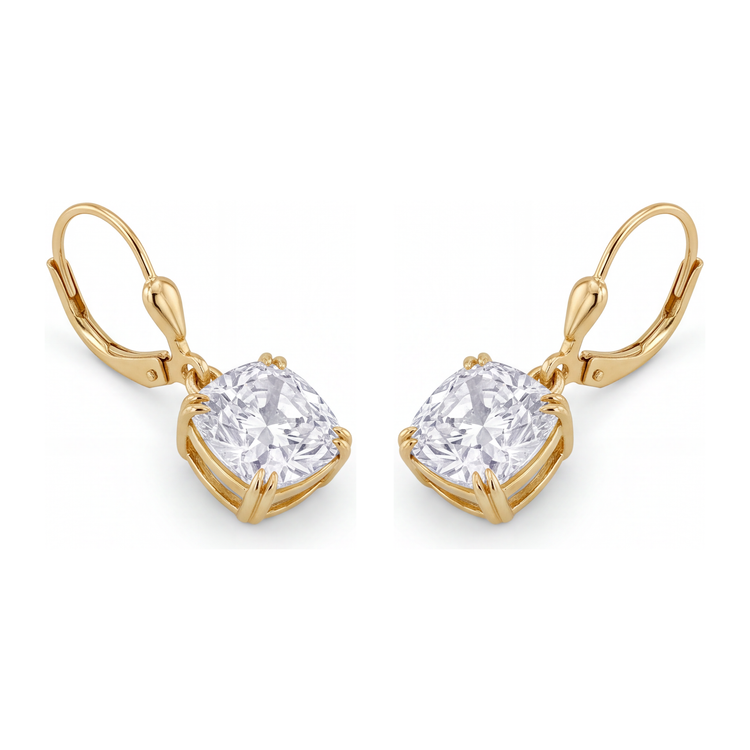 Boucles d'oreilles pendantes dormeuses en Or Jaune 14K avec diamants blancs de laboratoire taille coussin 4 carats