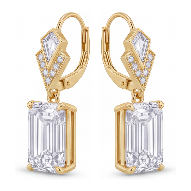Boucles d'oreilles pendantes Art Déco en Or Jaune 14 carats avec diamants blancs 4 carats taille émeraude de laboratoire