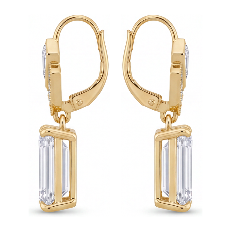 Boucles d'oreilles pendantes en diamants blancs 4 carats de laboratoire Taille Émeraude Art Déco en Or Jaune 14 carats