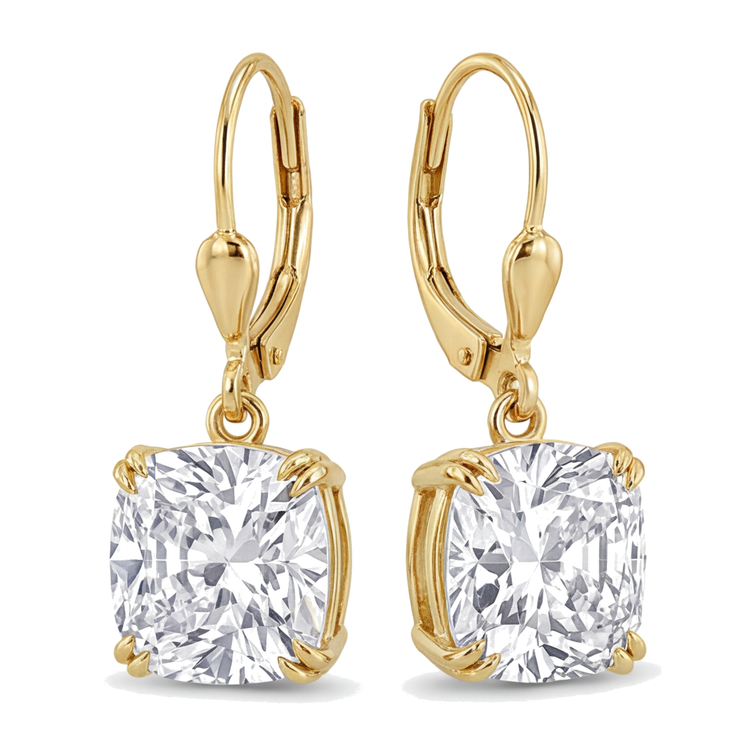 Boucles d'oreilles pendantes dormeuses en Or Jaune 14 carats avec diamants blancs de laboratoire taille coussin 4 carats