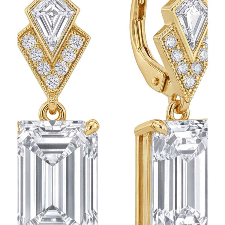 Boucles d'oreilles pendantes Art Déco en Or Jaune 14 carats avec diamants blancs 4 carats taille émeraude de laboratoire