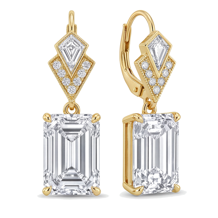Boucles d'oreilles pendantes Art Déco en Or Jaune 14 carats avec diamants blancs 4 carats taille émeraude de laboratoire