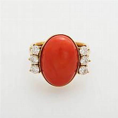 10.25 carats bague gros corail rouge avec diamants nouvel or jaune 14k