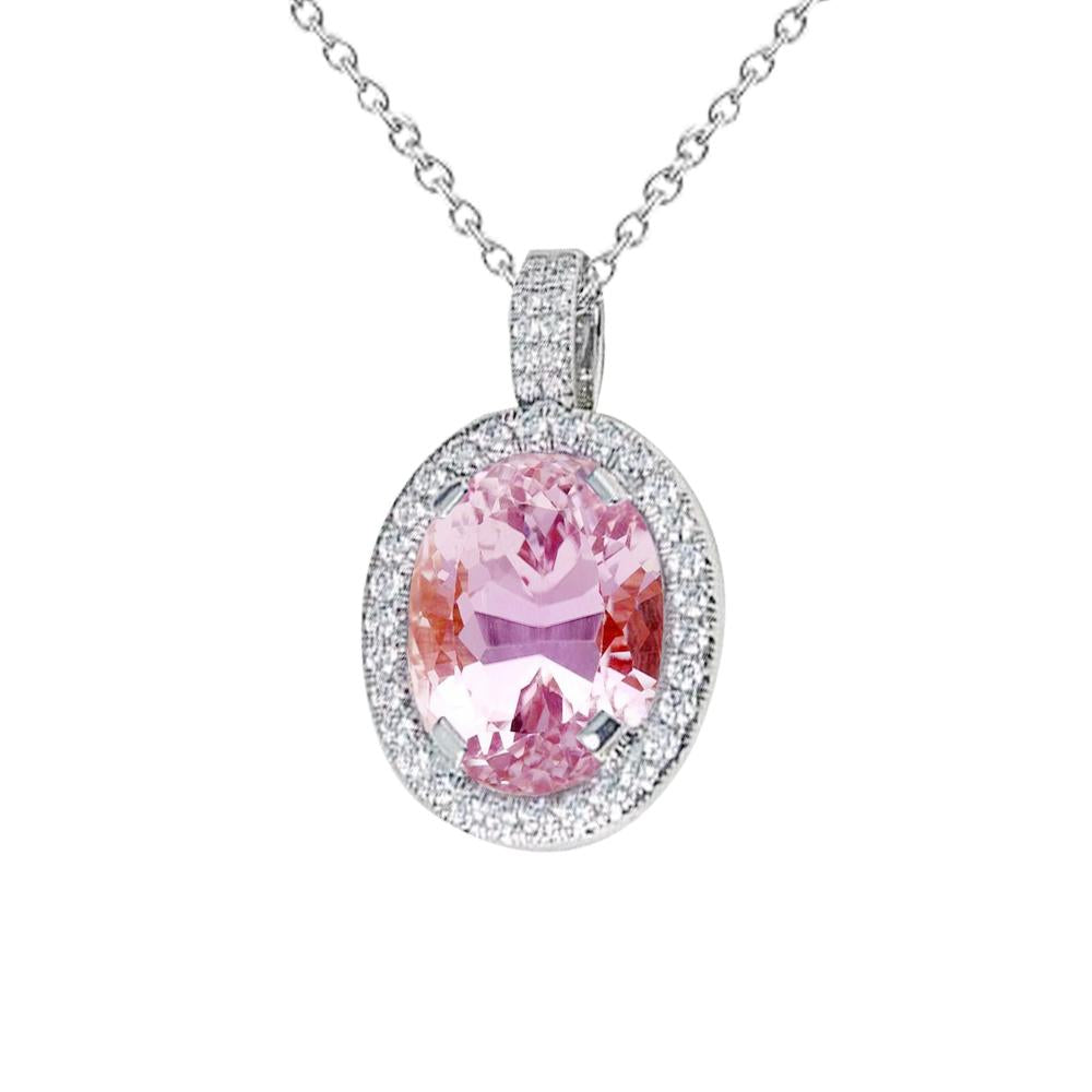 10.50 carats collier pendentif diamant kunzite taille ovale rose or 14k