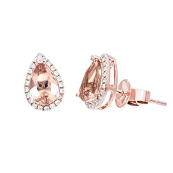 12.10 ct. Boucles D'oreilles Puces Poire Morganite Et Diamants Ronds Or 14K