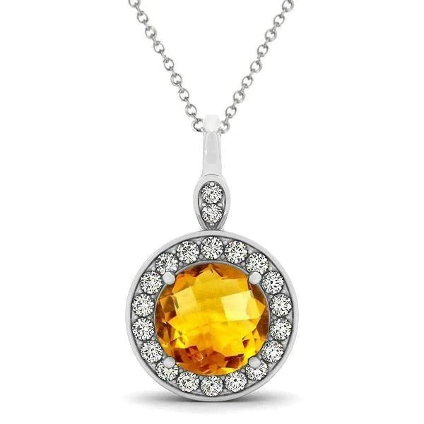 13 Carats Rond Madère Citrine Halo Diamants Pendentif Collier Or Blanc