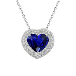 14K Or Halo Coeur Saphir Bleu Foncé & Pendentif Diamant 3.50 quilates