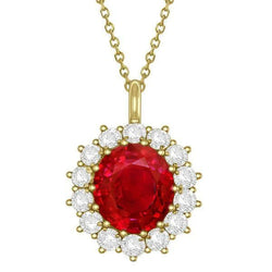 14K Yg Rubis Et Diamants 8.40 Carats Pendentif Collier Avec Chaîne