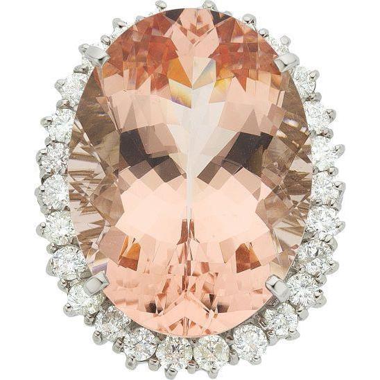 14.25 carats. bague big morganite ovale avec petits diamants or blanc 14k