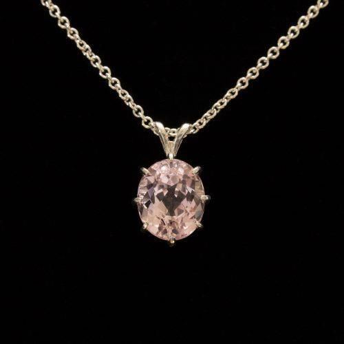 15 carats. collier solitaire ovale rose kunzite pendentif or blanc 14k