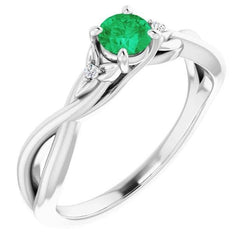 1.50 Carats Bague Émeraude Verte Tige Torsadée Or Blanc 14K