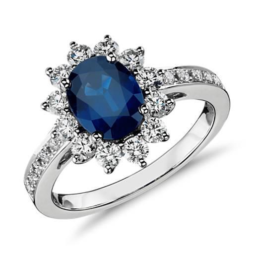 1.70 carats bague saphir bleu ovale et diamant rond or blanc 14k